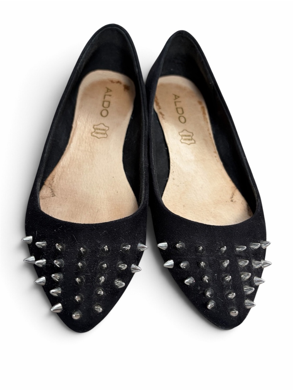 ALDO Black Pointed Toe Silver Spike Studded Ballet Flats Women’s Size 6 EU 36